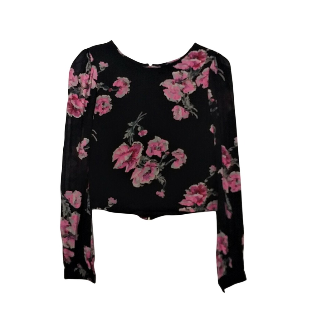 Topshop Womens Black Pink Floral Sheer Long Sleeve Cropped Zipper Back Blouse 6
